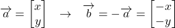 \[\overrightarrow{a}=\begin{bmatrix} x \\ y\end{bmatrix} \,\,\,\, \rightarrow \,\,\,\, \overrightarrow{b}=-\overrightarrow{a}=\begin{bmatrix} -x \\ -y \end{bmatrix}\]