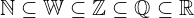 \[\Bbb{N}\subseteq \Bbb{W}\subseteq \Bbb{Z} \subseteq \Bbb{Q} \subseteq \Bbb{R}\]