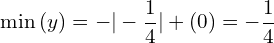 \[\min{(y)}=-| -\frac{1}{4}|+(0)= -\frac{1}{4}\]