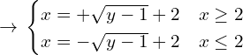 \[\rightarrow \, \begin{cases} x=+\sqrt{y-1}+2 & x \ge 2 \\ x=-\sqrt{y-1}+2 & x \le 2 \end{cases}\]
