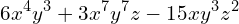 \[6x^{4}y^{3}+3x^{7}y^{7}z-15xy^{3}z^{2}\]