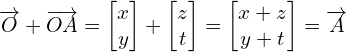 \[\overrightarrow{O}+\overrightarrow{OA}=\begin{bmatrix} x  \\ y  \end{bmatrix}+\begin{bmatrix} z  \\ t  \end{bmatrix}=\begin{bmatrix} x+z  \\ y+t  \end{bmatrix}=\overrightarrow{A}\]