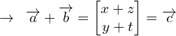 \[\rightarrow\,\,\,\overrightarrow{a}+\overrightarrow{b}=\begin{bmatrix} x+z  \\ y+t  \end{bmatrix} =\overrightarrow{c}\]