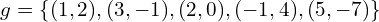 g=\{(1,2),(3,-1),(2,0),(-1,4),(5,-7)\}