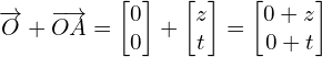\[\overrightarrow{O}+\overrightarrow{OA}=\begin{bmatrix} 0  \\ 0  \end{bmatrix}+\begin{bmatrix} z  \\ t  \end{bmatrix}=\begin{bmatrix} 0+z \\ 0+t  \end{bmatrix}\]