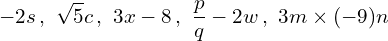 \[-2s \,,\,\, \sqrt{5}c\,,\,\, 3x-8 \, ,\,\, \frac{p}{q}-2w\,,\,\, 3m\times (-9)n\]