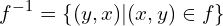 \[f^{-1}=\{(y,x)| (x,y) \in f\}\]